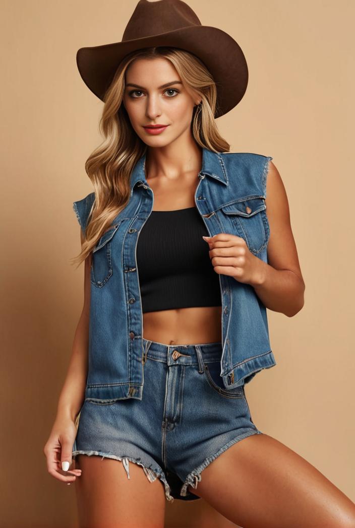 washed denim sleeveless vest with distressed ripped lapel women s denim jacket collection 123074