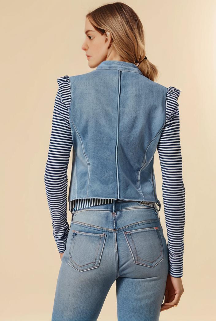 washed denim sleeveless vest with distressed ripped lapel women s denim jacket collection 123081