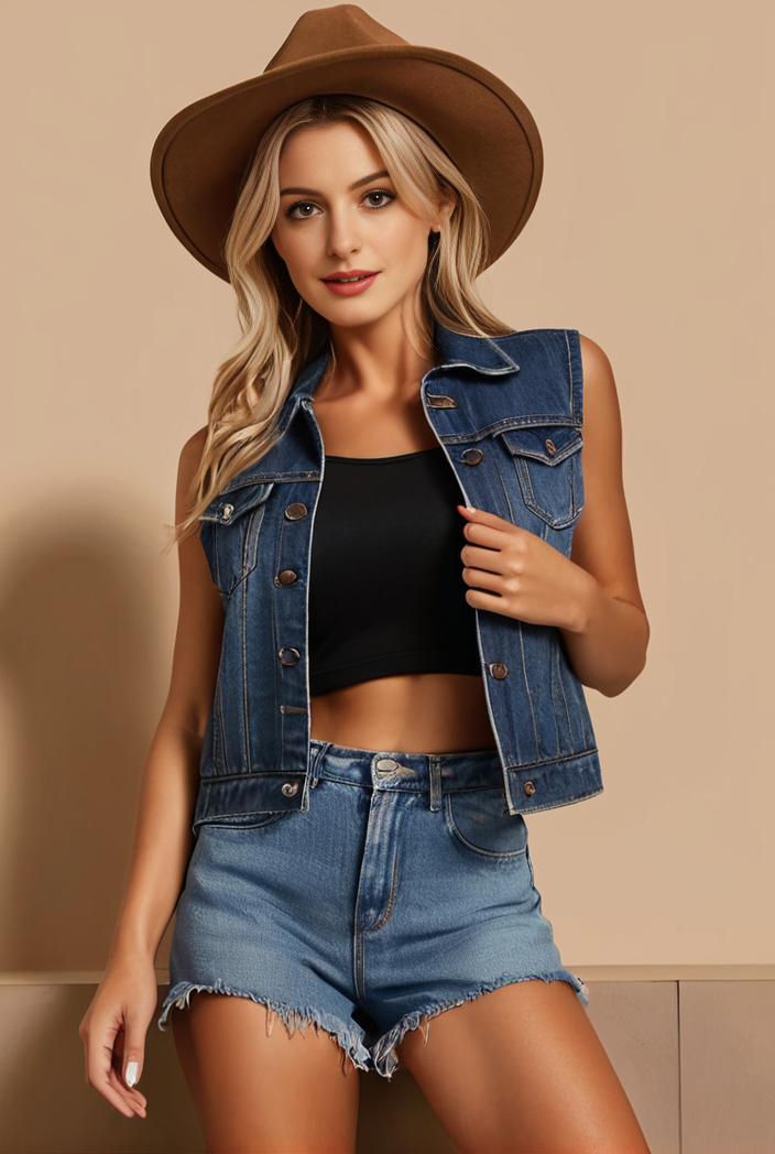 washed denim sleeveless vest with distressed ripped lapel women s denim jacket collection 123104