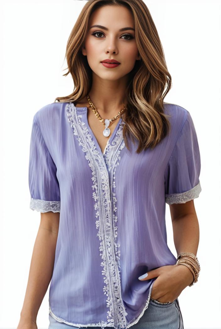 plus size elegant blouse women s plus solid contrast lace ribbed puff sleeve v neck shirt top 134400