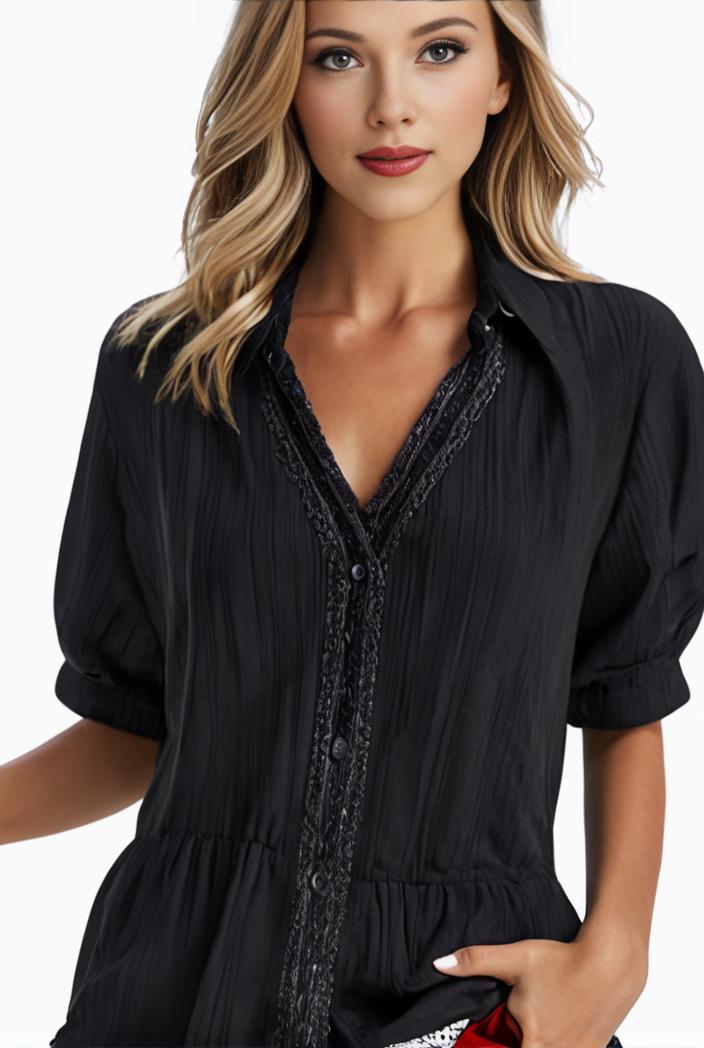 plus size elegant blouse women s plus solid contrast lace ribbed puff sleeve v neck shirt top 134417