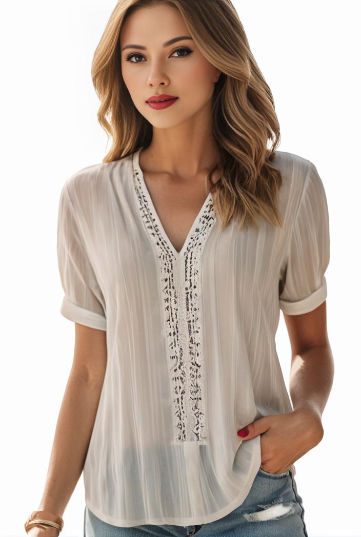 plus size elegant blouse women s plus solid contrast lace ribbed puff sleeve v neck shirt top 134435