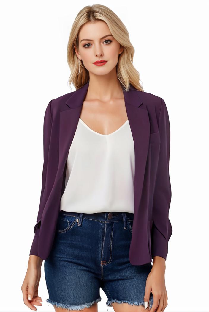 women s solid open front blazer with long sleeves for office wear 124410