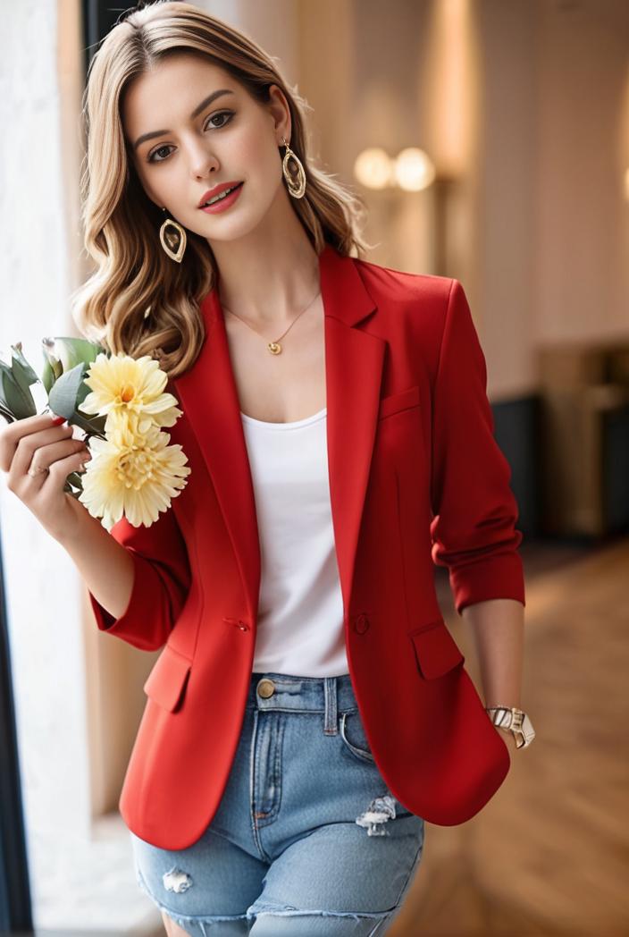 ladies solid button up blazer with long sleeves casual lapel design 142779