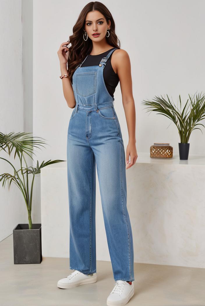relaxed fit denim jumpsuit with slant pockets non elastic washed denim overalls women s denim apparel 146375