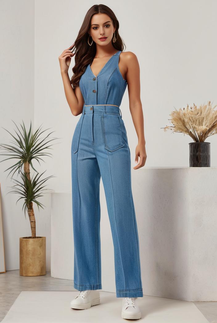 relaxed fit denim jumpsuit with slant pockets non elastic washed denim overalls women s denim apparel 146378