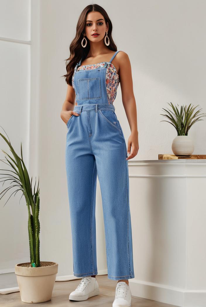 relaxed fit denim jumpsuit with slant pockets non elastic washed denim overalls women s denim apparel 146381