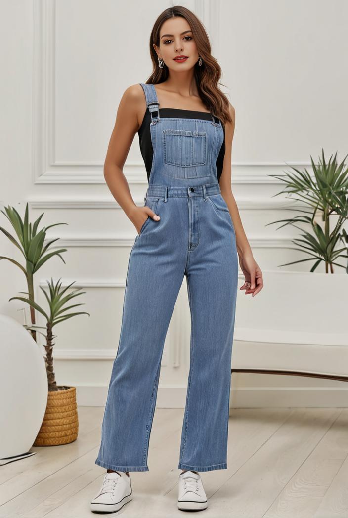relaxed fit denim jumpsuit with slant pockets non elastic washed denim overalls women s denim apparel 146385