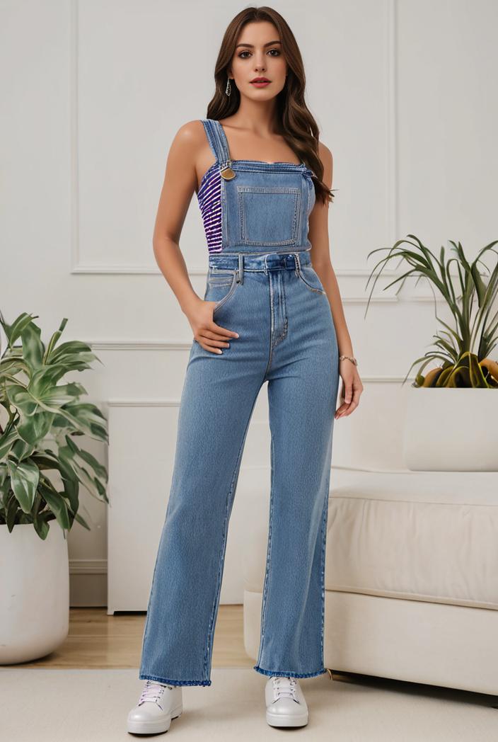 relaxed fit denim jumpsuit with slant pockets non elastic washed denim overalls women s denim apparel 146387