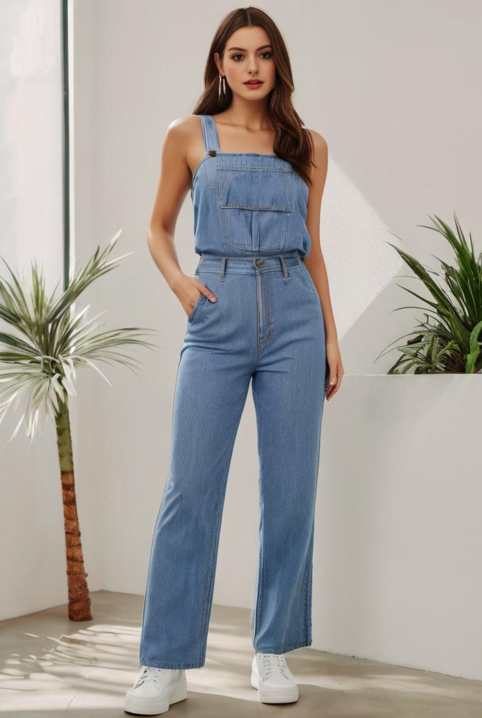 relaxed fit denim jumpsuit with slant pockets non elastic washed denim overalls women s denim apparel 146388