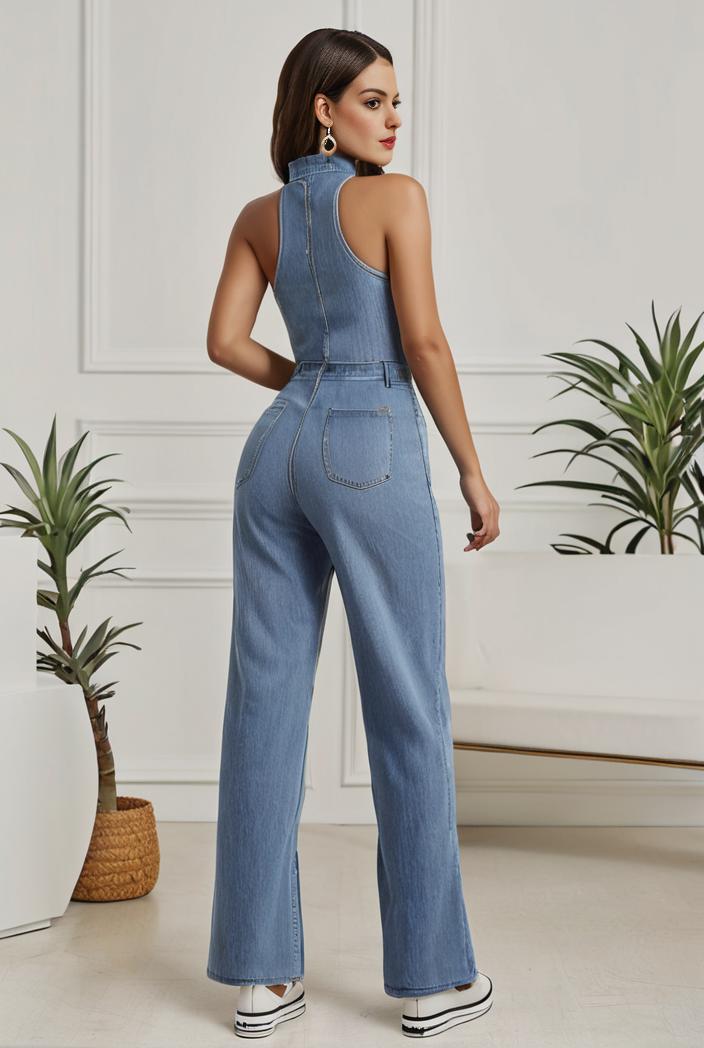 relaxed fit denim jumpsuit with slant pockets non elastic washed denim overalls women s denim apparel 146393
