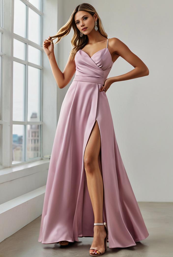 pleated v neck spaghetti strap high slit bridesmaid dress 127046