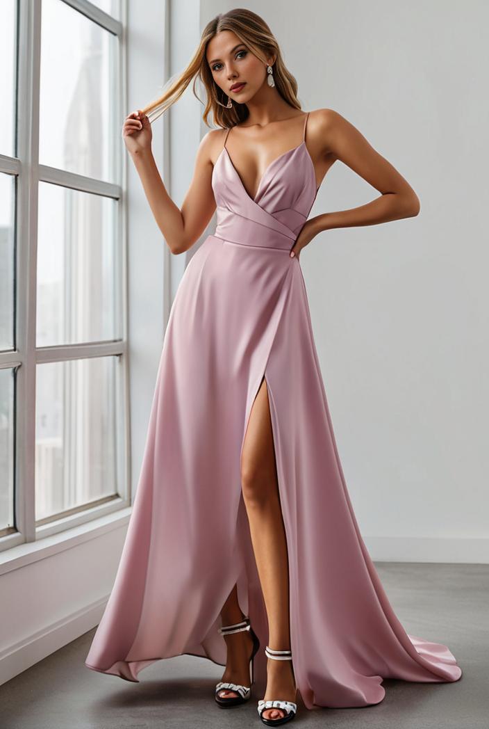 pleated v neck spaghetti strap high slit bridesmaid dress 127048
