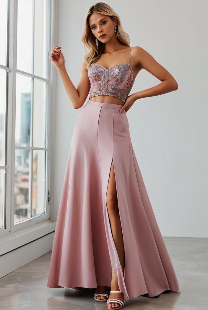 pleated v neck spaghetti strap high slit bridesmaid dress 127052