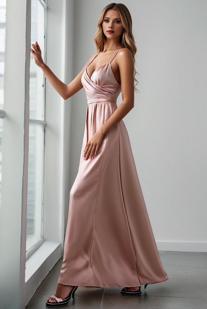 pleated v neck spaghetti strap high slit bridesmaid dress 127065