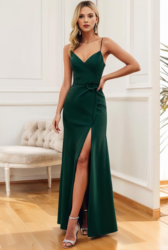 pleated v neck spaghetti strap high slit bridesmaid dress 127070