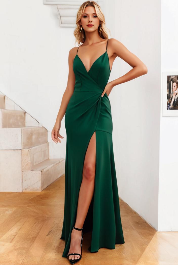 pleated v neck spaghetti strap high slit bridesmaid dress 127075