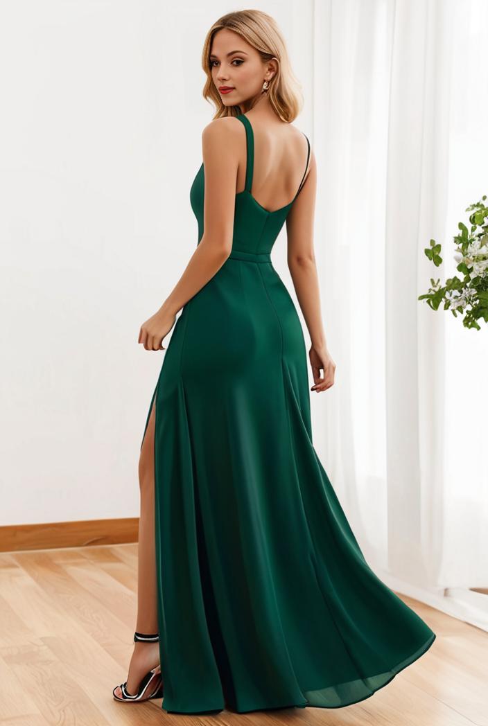 pleated v neck spaghetti strap high slit bridesmaid dress 127084