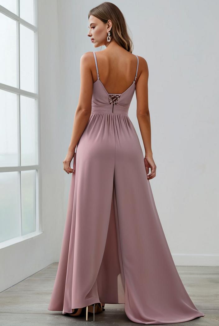 pleated v neck spaghetti strap high slit bridesmaid dress 127099