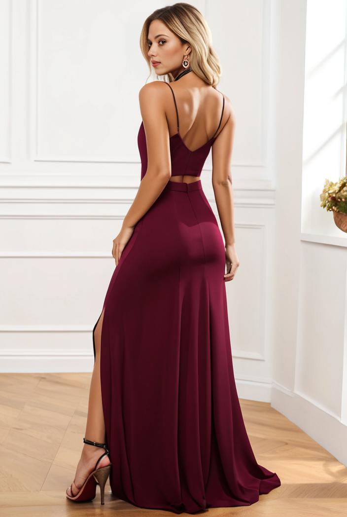 pleated v neck spaghetti strap high slit bridesmaid dress 127104