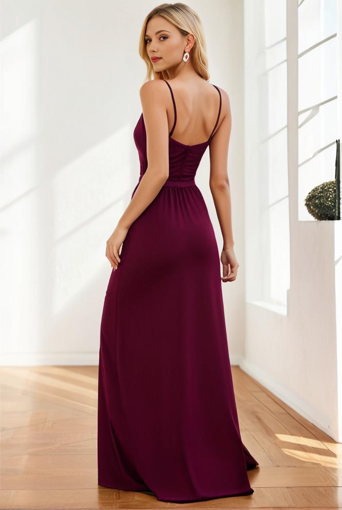 pleated v neck spaghetti strap high slit bridesmaid dress 127106