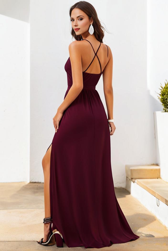 pleated v neck spaghetti strap high slit bridesmaid dress 127107