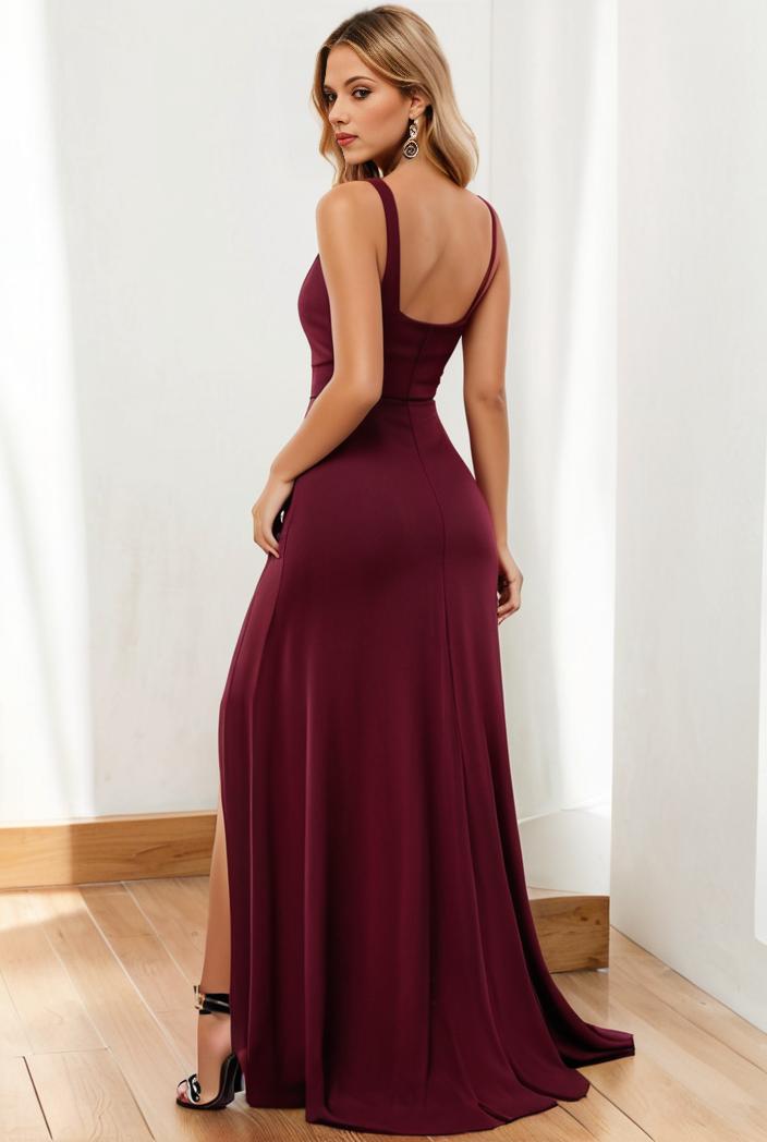 pleated v neck spaghetti strap high slit bridesmaid dress 127108