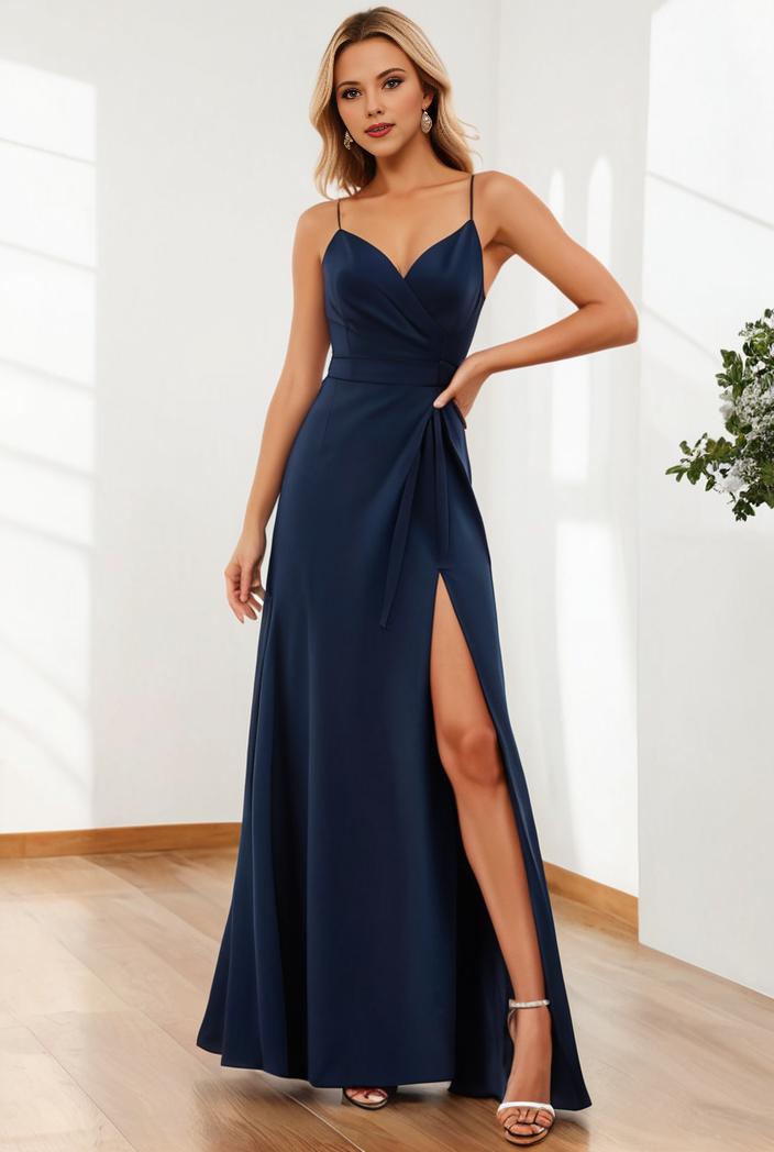 pleated v neck spaghetti strap high slit bridesmaid dress 127116