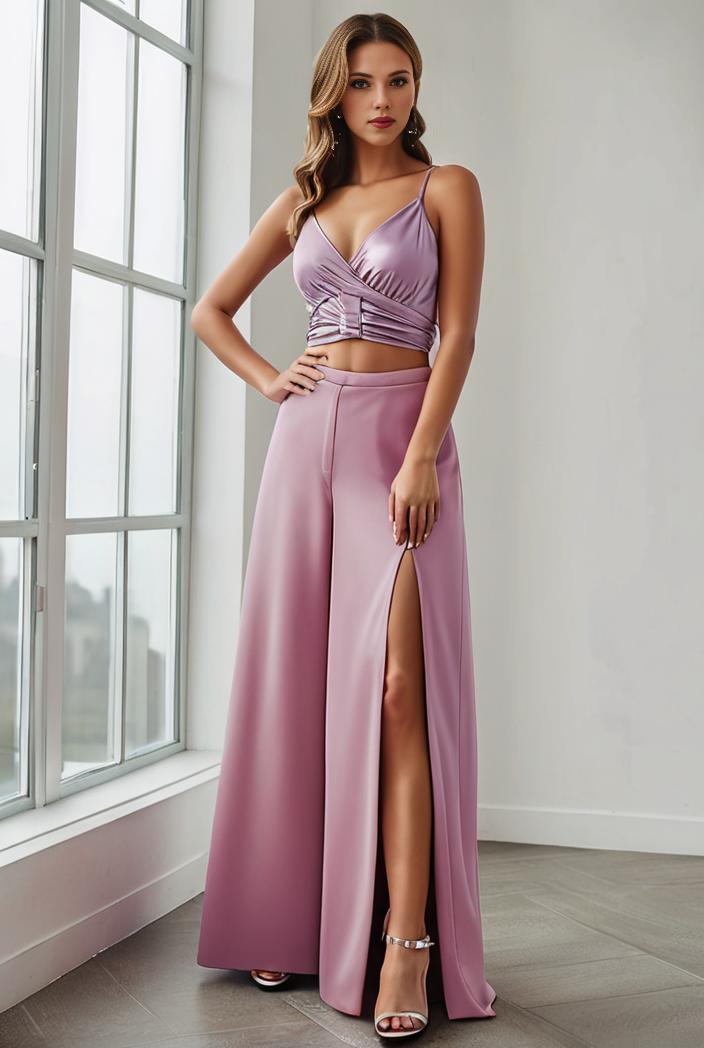 pleated v neck spaghetti strap high slit bridesmaid dress 127122