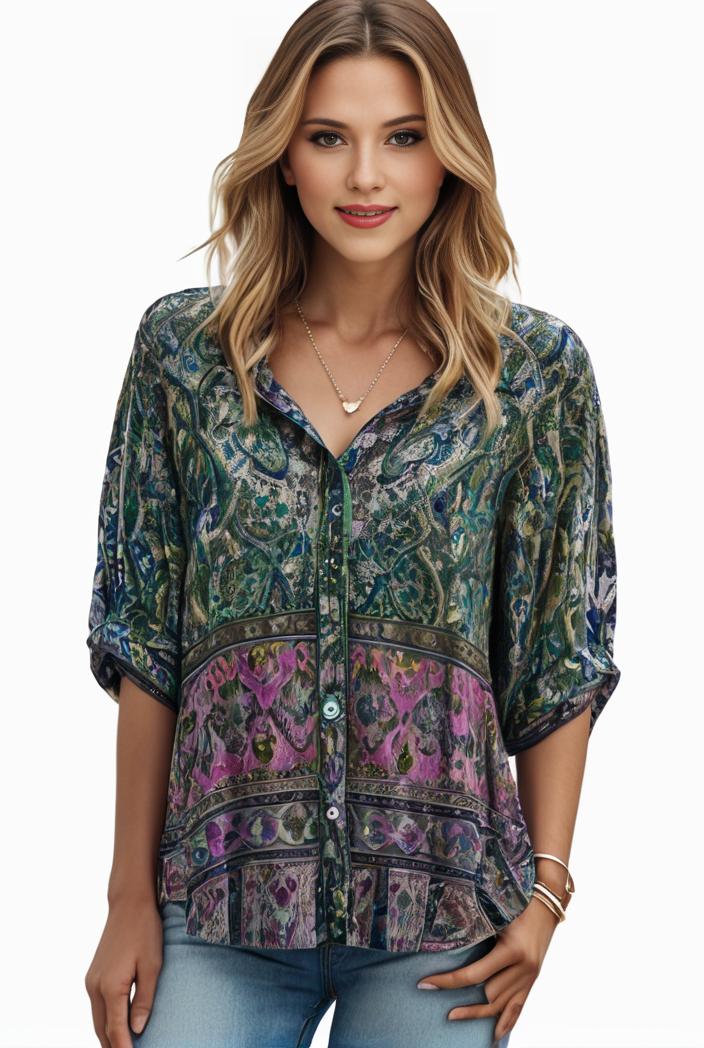 plus size boho top women s plus allover paisley print half sleeve v neck slight stretch top 127306
