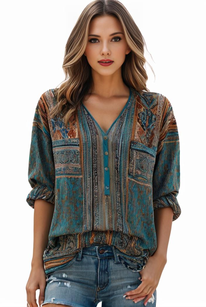 plus size boho top women s plus allover paisley print half sleeve v neck slight stretch top 127307