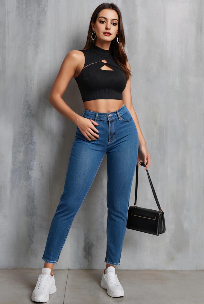 slim fit drawstring denim jeans with elastic waist for women 100538