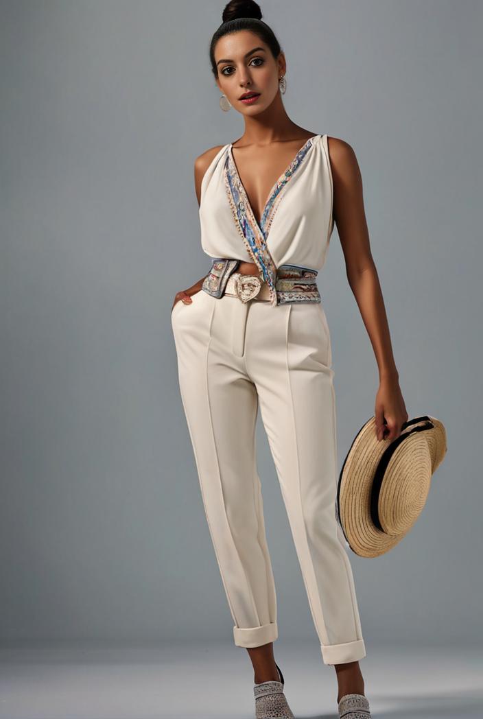 stylish sleeveless jumpsuit with tie waist and flap pockets for women 103112