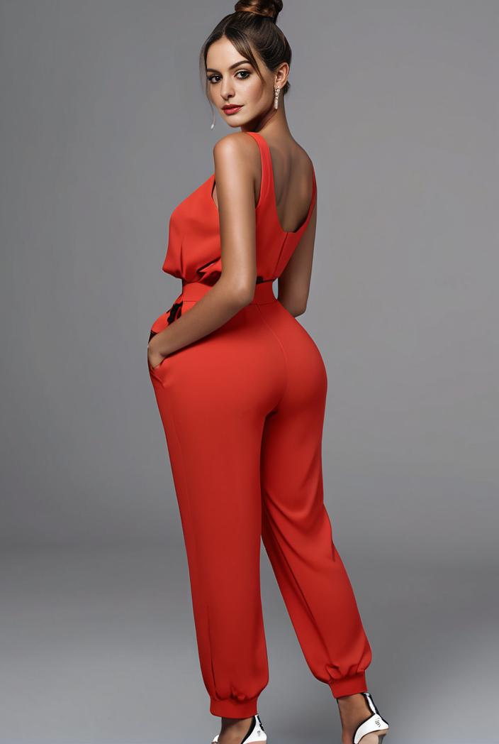 stylish sleeveless jumpsuit with tie waist and flap pockets for women 103116