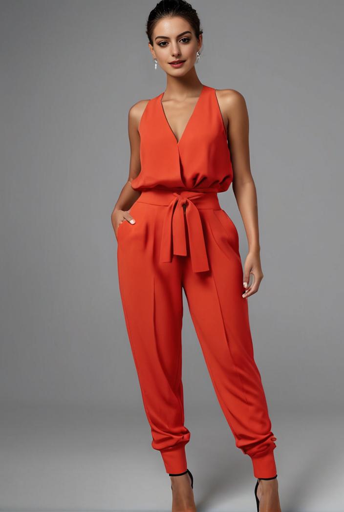 stylish sleeveless jumpsuit with tie waist and flap pockets for women 103147
