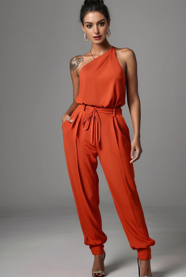 stylish sleeveless jumpsuit with tie waist and flap pockets for women 103149