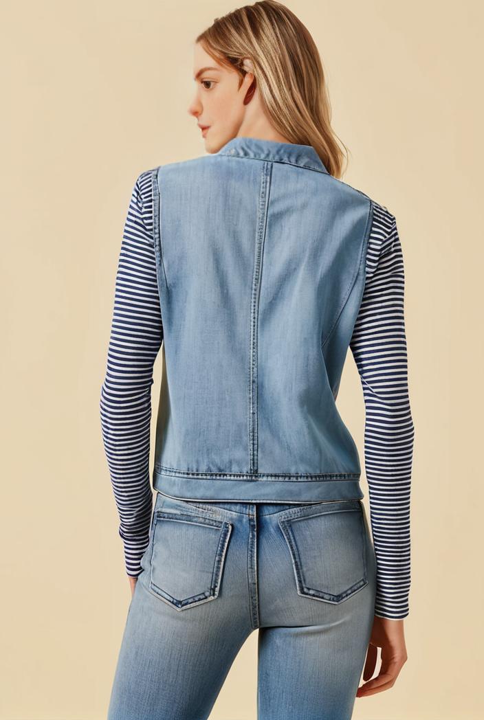 washed denim sleeveless vest with distressed ripped lapel women s denim jacket collection 107008