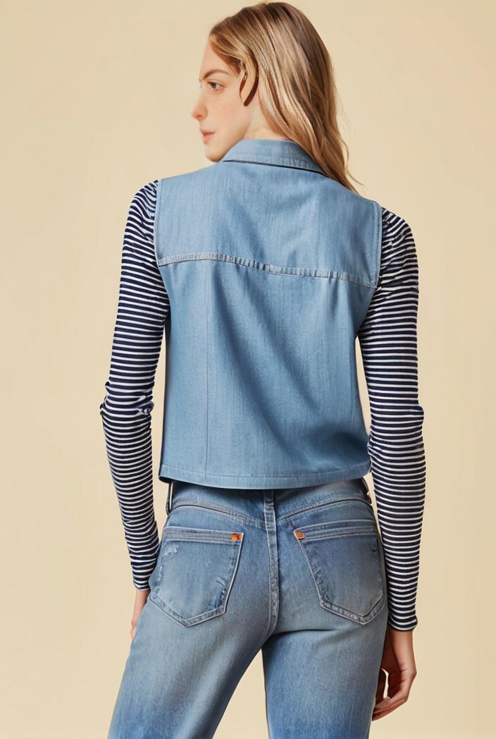 washed denim sleeveless vest with distressed ripped lapel women s denim jacket collection 107012