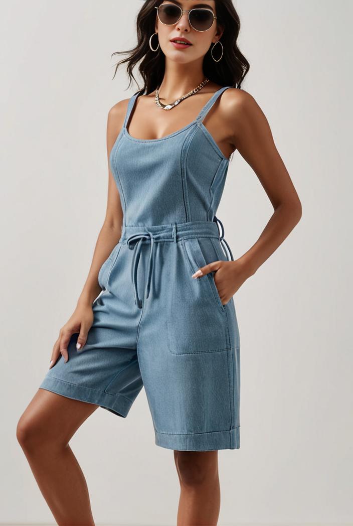 blue denim jumpsuit with distressed ripped details for women 109986