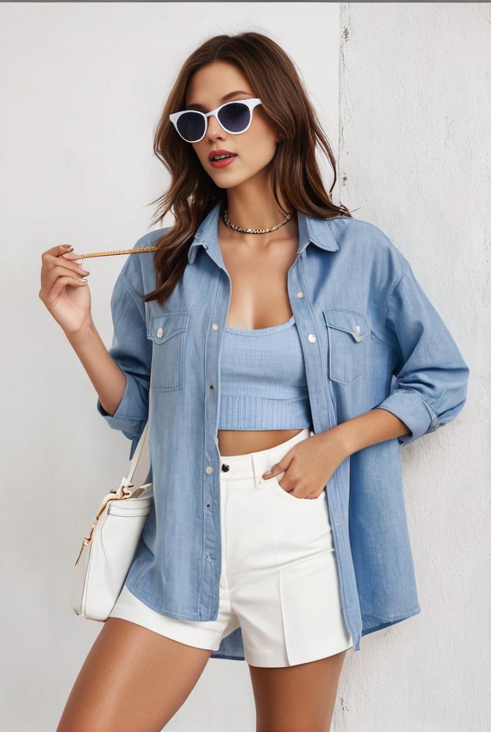 casual denim shirt for women with lapel flap pocket and long sleeves 138725