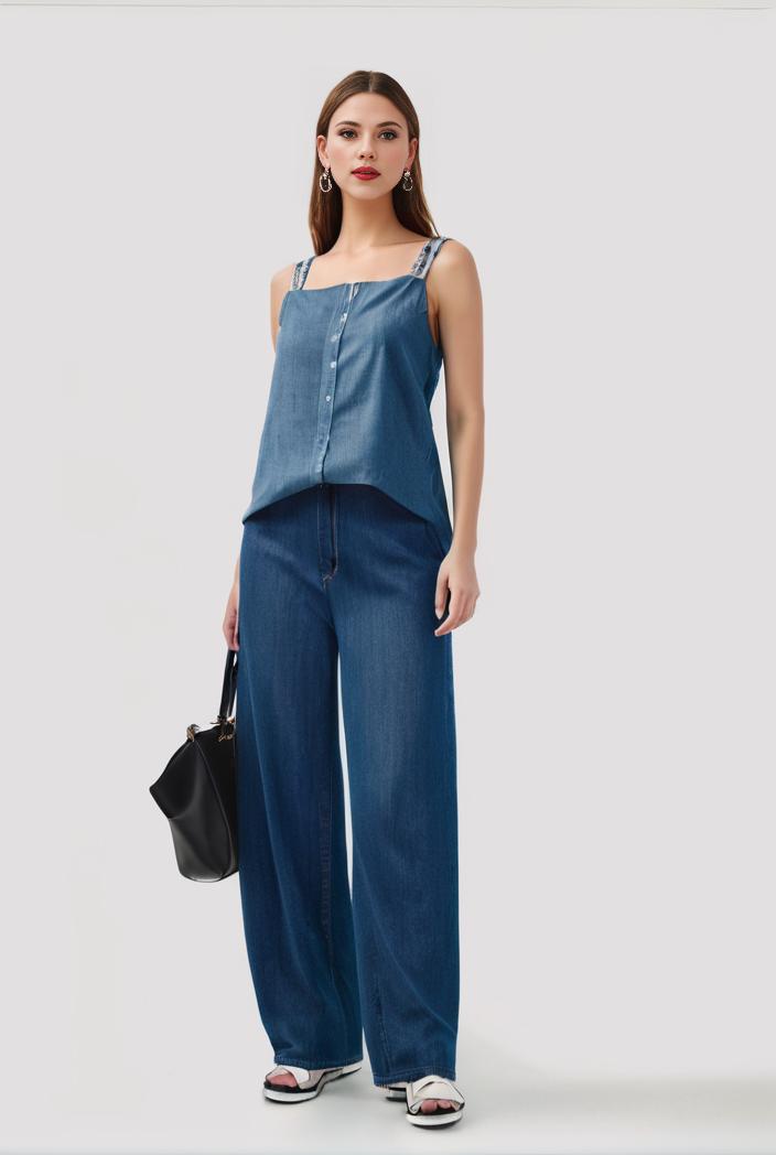 relaxed fit blue denim romper with slant pockets distressed denim coverall stylish women s denim outfit 120446