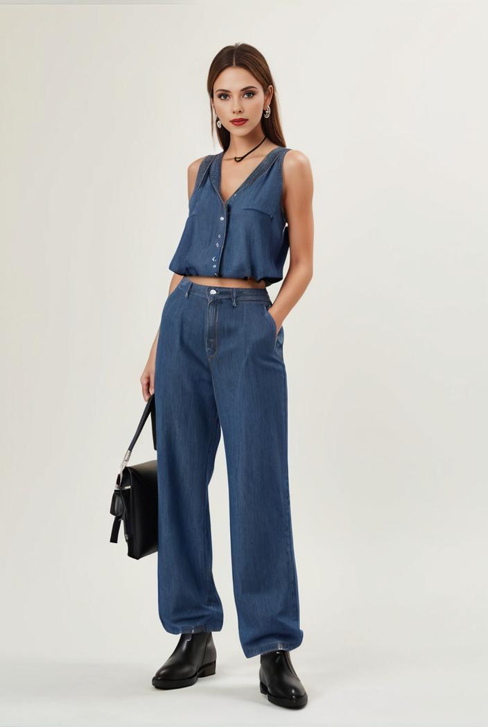 relaxed fit blue denim romper with slant pockets distressed denim coverall stylish women s denim outfit 120451