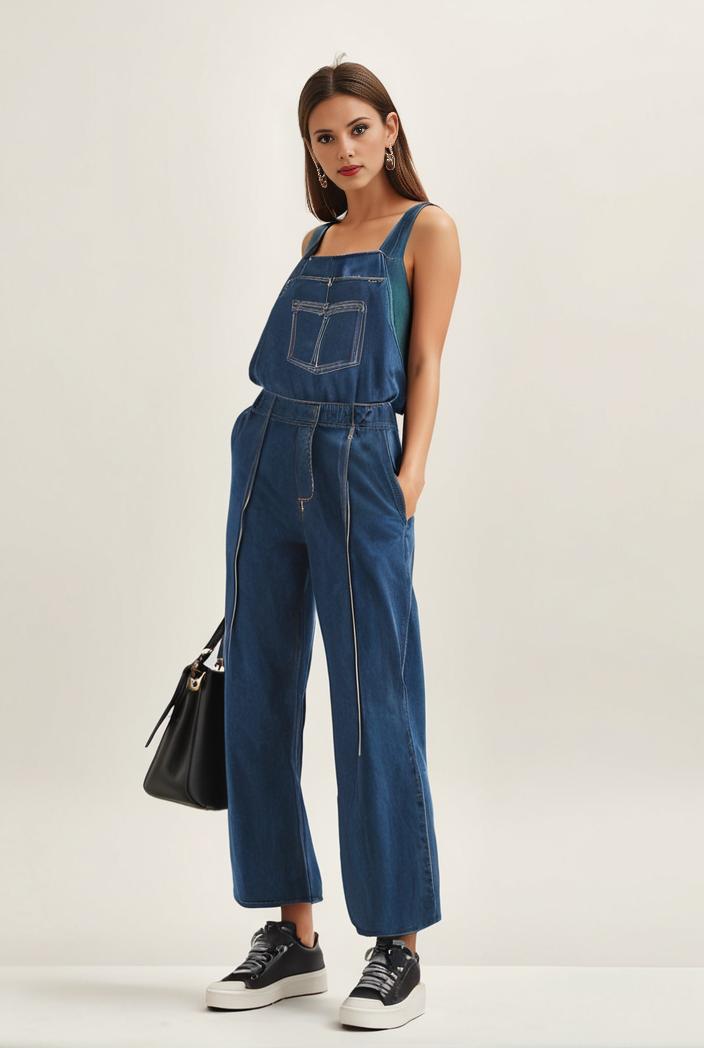 relaxed fit blue denim romper with slant pockets distressed denim coverall stylish women s denim outfit 120452