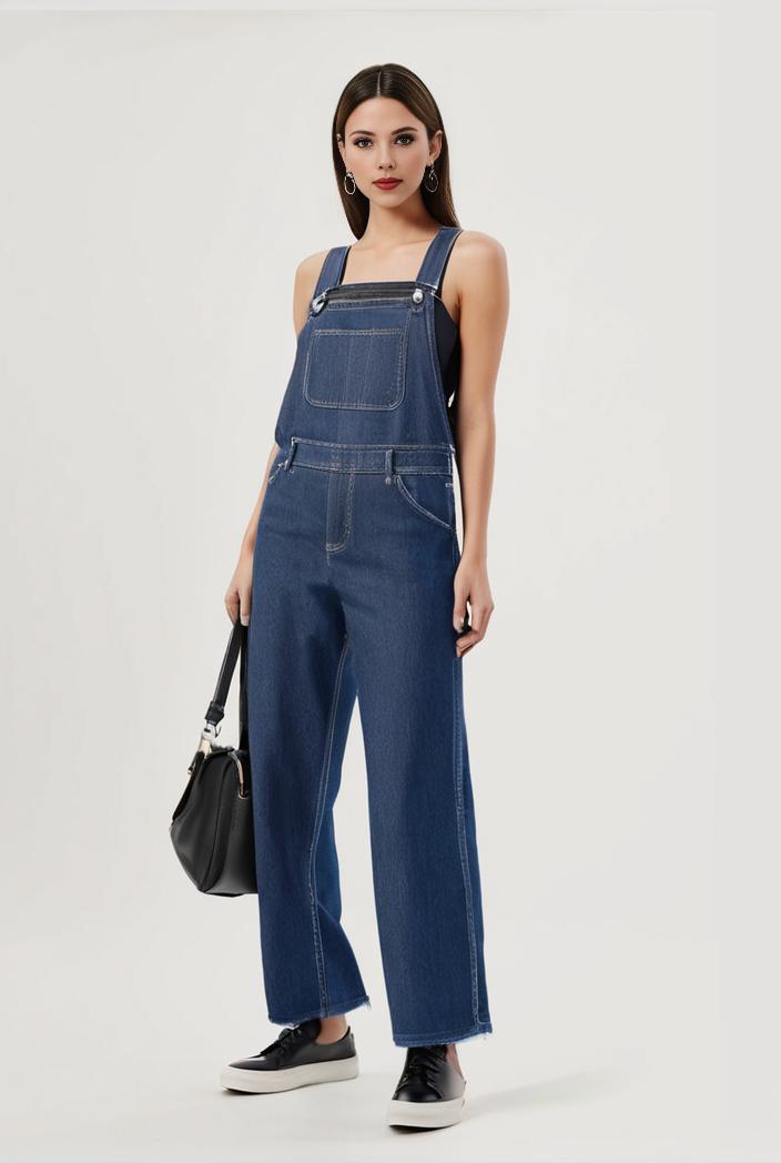 relaxed fit blue denim romper with slant pockets distressed denim coverall stylish women s denim outfit 120453