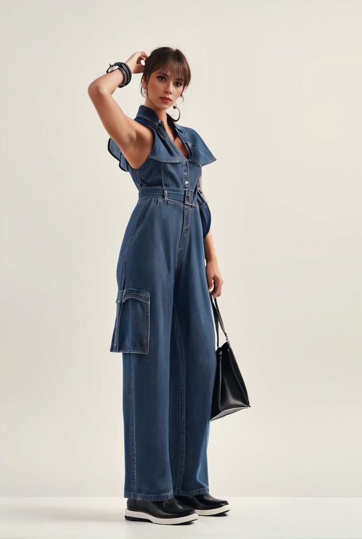 relaxed fit blue denim romper with slant pockets distressed denim coverall stylish women s denim outfit 120460