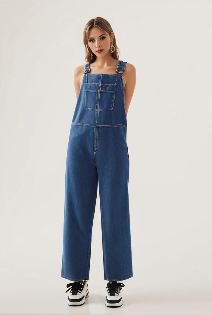 relaxed fit blue denim romper with slant pockets distressed denim coverall stylish women s denim outfit 120467