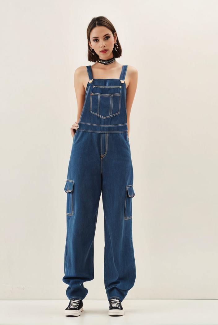 relaxed fit blue denim romper with slant pockets distressed denim coverall stylish women s denim outfit 120466