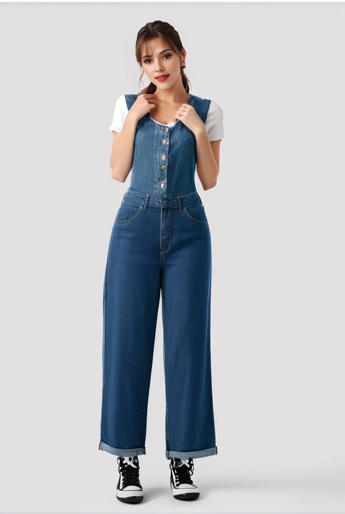 relaxed fit blue denim romper with slant pockets distressed denim coverall stylish women s denim outfit 120469