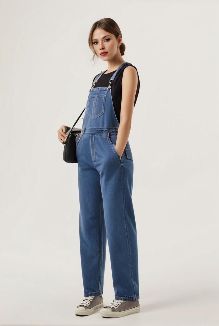 relaxed fit blue denim romper with slant pockets distressed denim coverall stylish women s denim outfit 120474