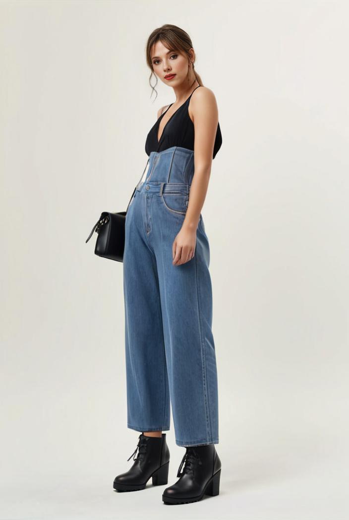 relaxed fit blue denim romper with slant pockets distressed denim coverall stylish women s denim outfit 120475